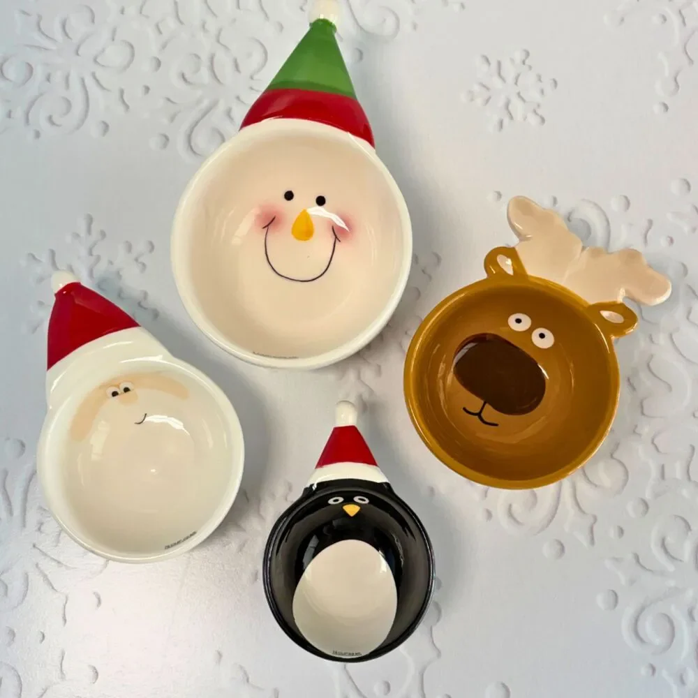 Avon Christmas Ceramic Nesting Measuring Cups Set Santa Reindeer Penguin Snowman